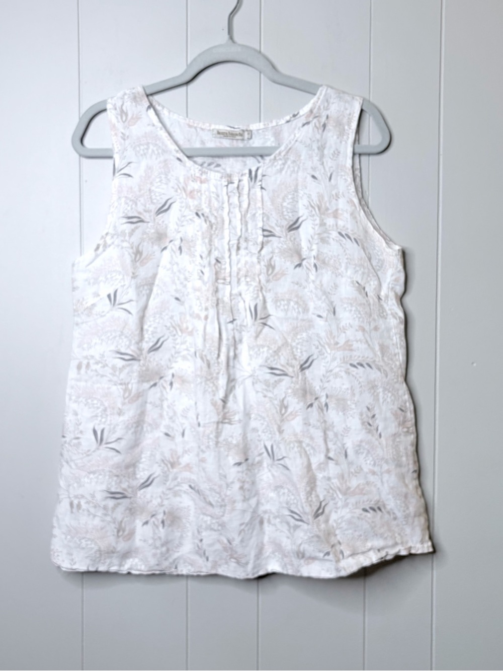 Laura Bianchi White Tan Linen Floral Scoop Neck Sleeveless Tank Top Italy Large